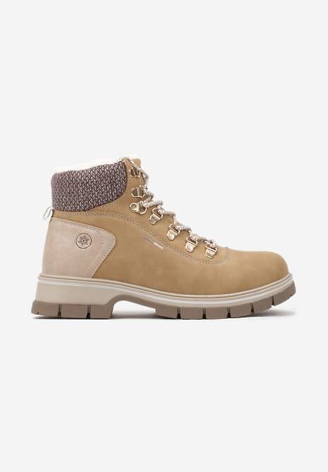 Jasnobrązowe Sznurowane Traperki na Płaskiej Podeszwie Ozdobione Futerkiem Seassia