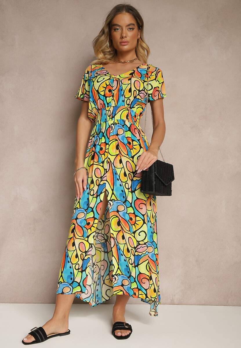 Żółta Sukienka z Bawełny w Abstrakcyjny Wzór Emisienna