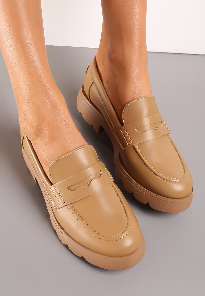 Brązowe Wsuwane Mokasyny z Ozdobnym Paskiem na Płaskiej Podeszwie z Protektorem Abellia