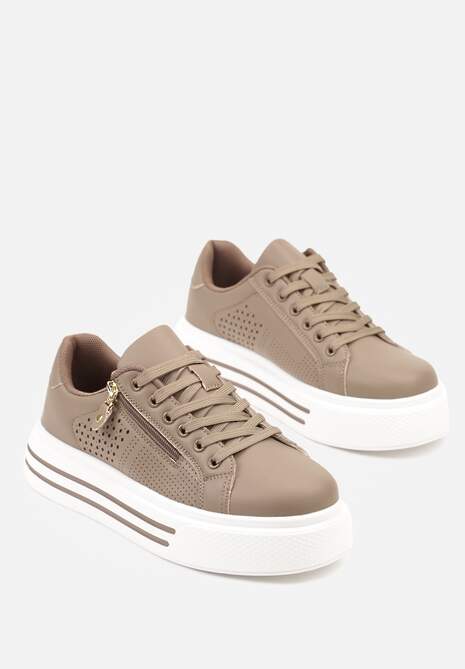 Beżowe Sneakersy na Platformie Ozdobione Suwakiem i Perforacją Gioseria