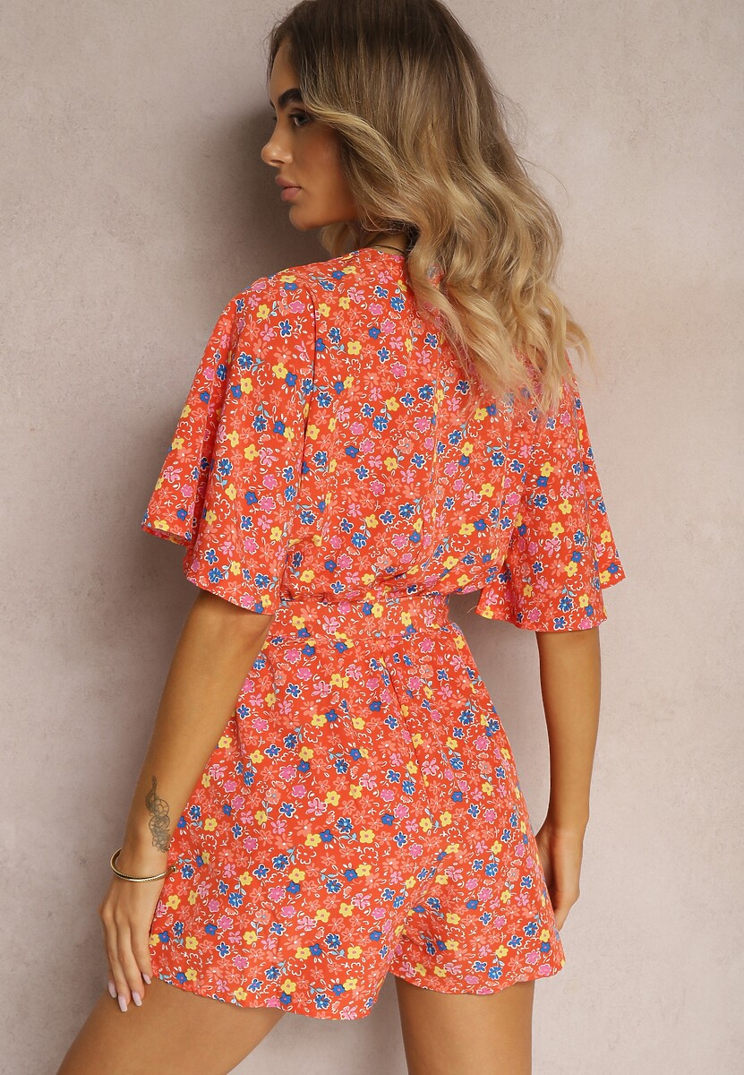 Pomarańczowy Kombinezon z Kopertowym Dekoltem o Taliowanym Kroju Kimelba