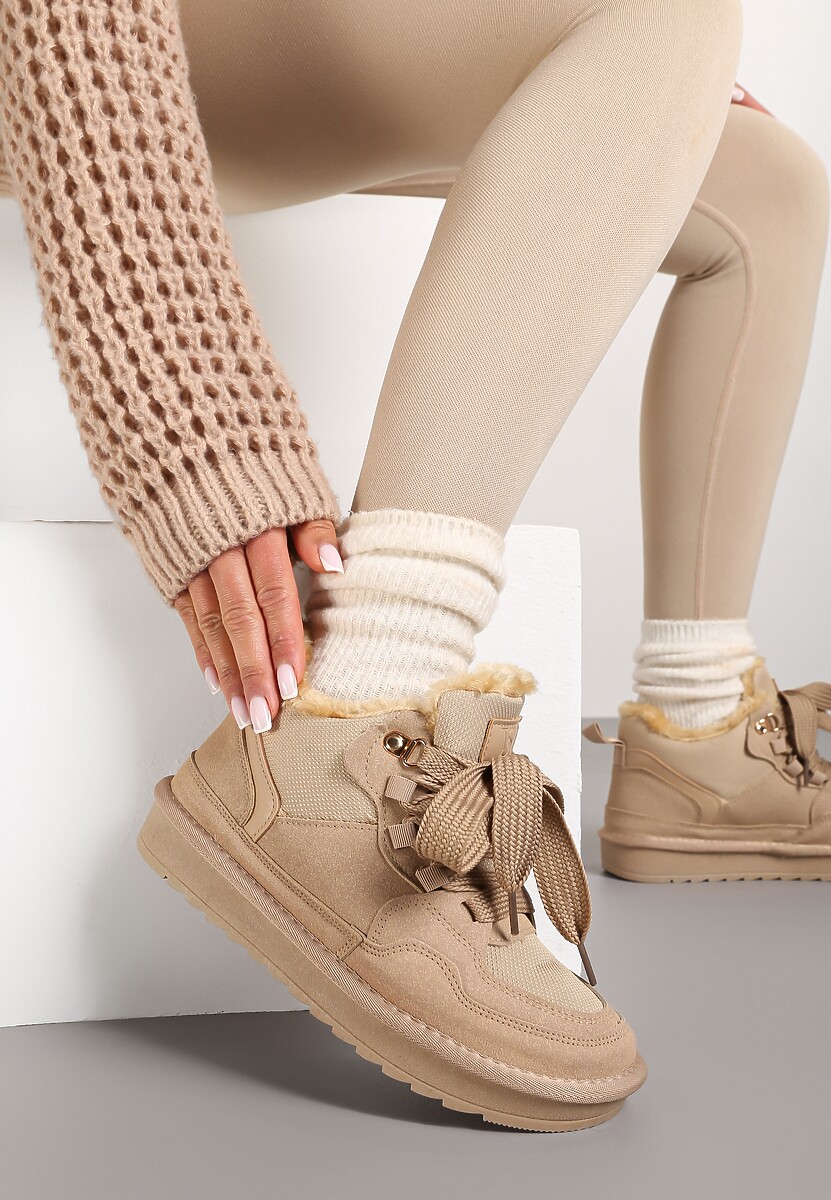 Ciemnobeżowe Zimowe Sneakersy Vices Stylizowane na Śniegowce z Futerkiem Tennira