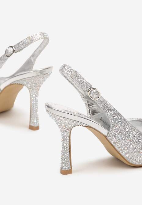 Srebrne Sandały na Obcasie z Ozdobnymi Cyrkoniami i Szpiczastym Noskiem Rivasella