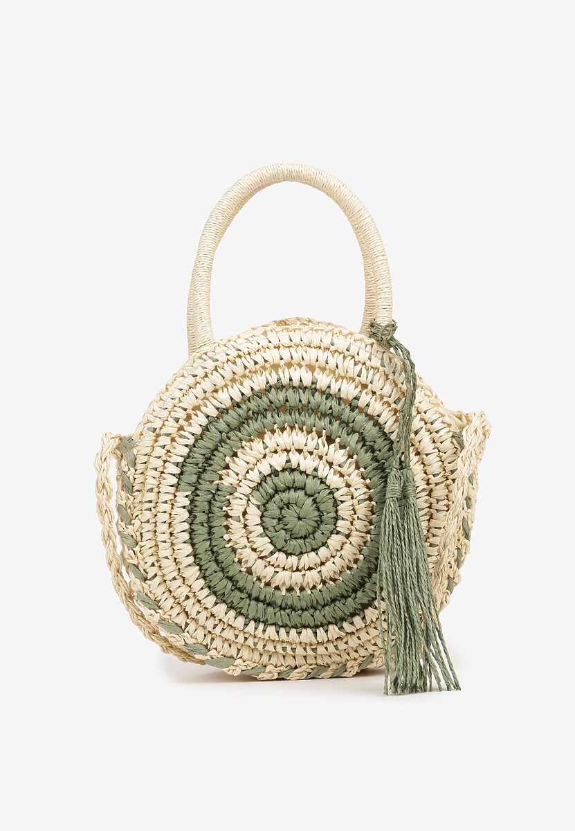 Ciemnobeżowa Torebka z Plecionki o Okrągłym Kształcie Ozdobiona Frędzlami Solaura