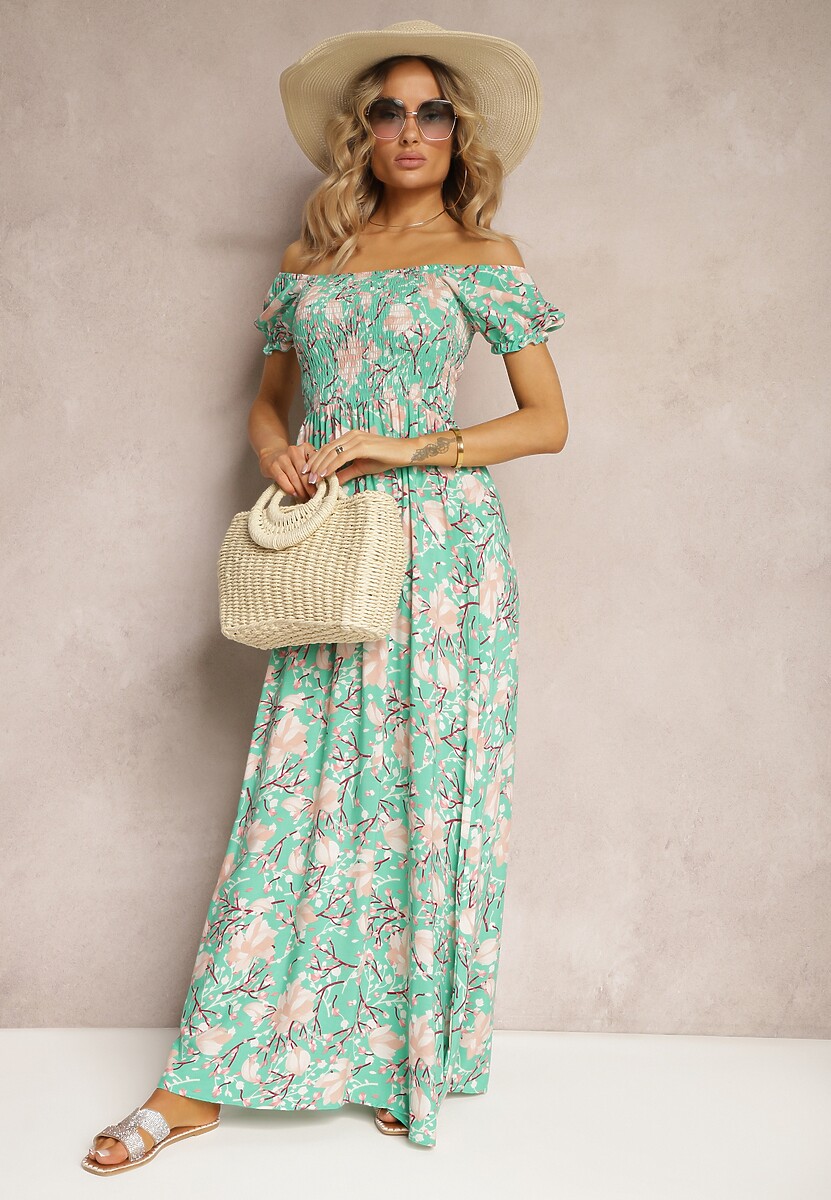 Zielona Kwiecista Sukienka o Rozkloszowanym Kroju z Marszczoną Górą Eliseria