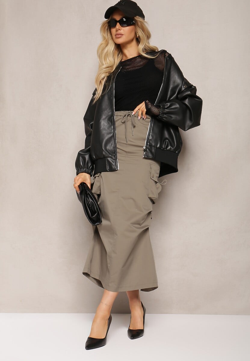 Ciemnozielona Marszczona Spódnica Midi w Stylu Cargo z Gumką w Talii Gacieam