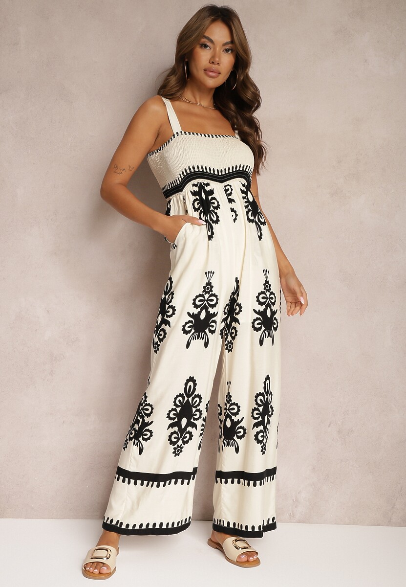 Beżowy Wiskozowy Kombinezon z Marszczonym Dekoltem na Ramiączkach z Długimi Nogawkami Amperia