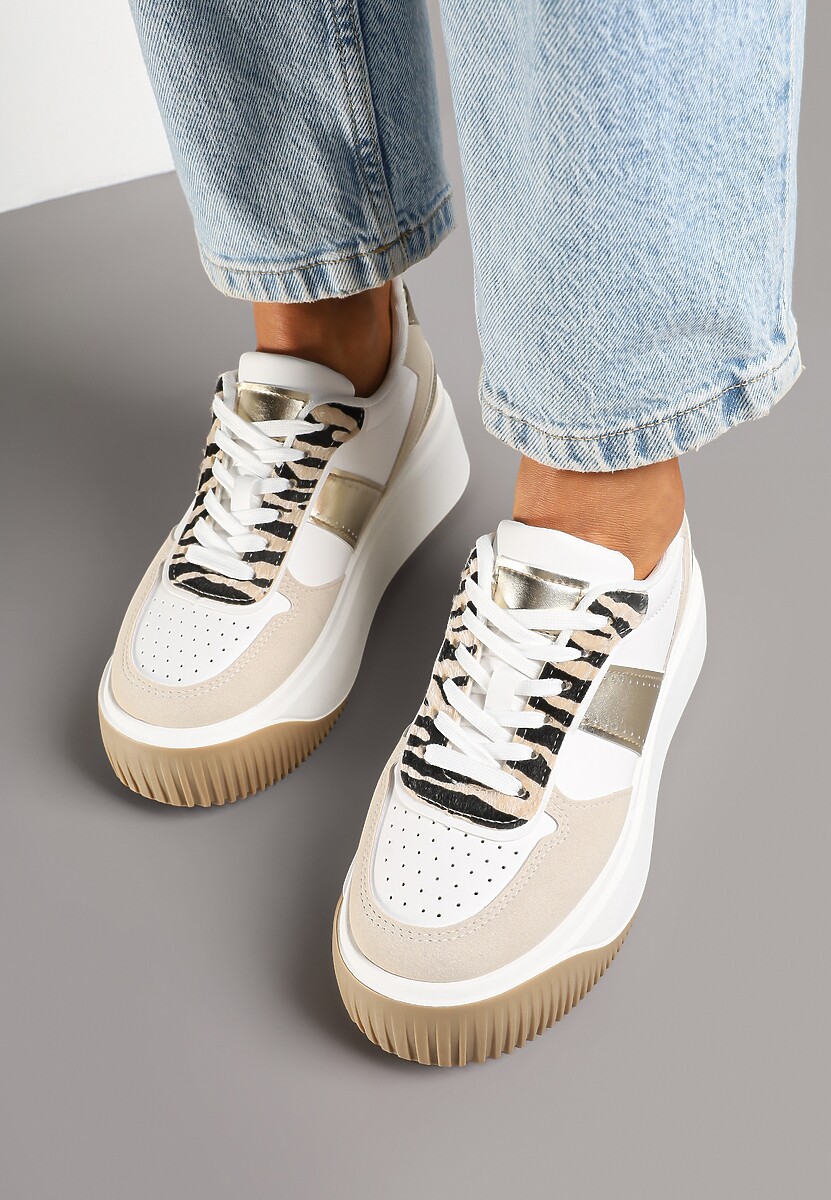 Biało-Beżowe Sneakersy na Platformie z Metalicznym Zdobieniem i Printem w Zebrę Fonarien