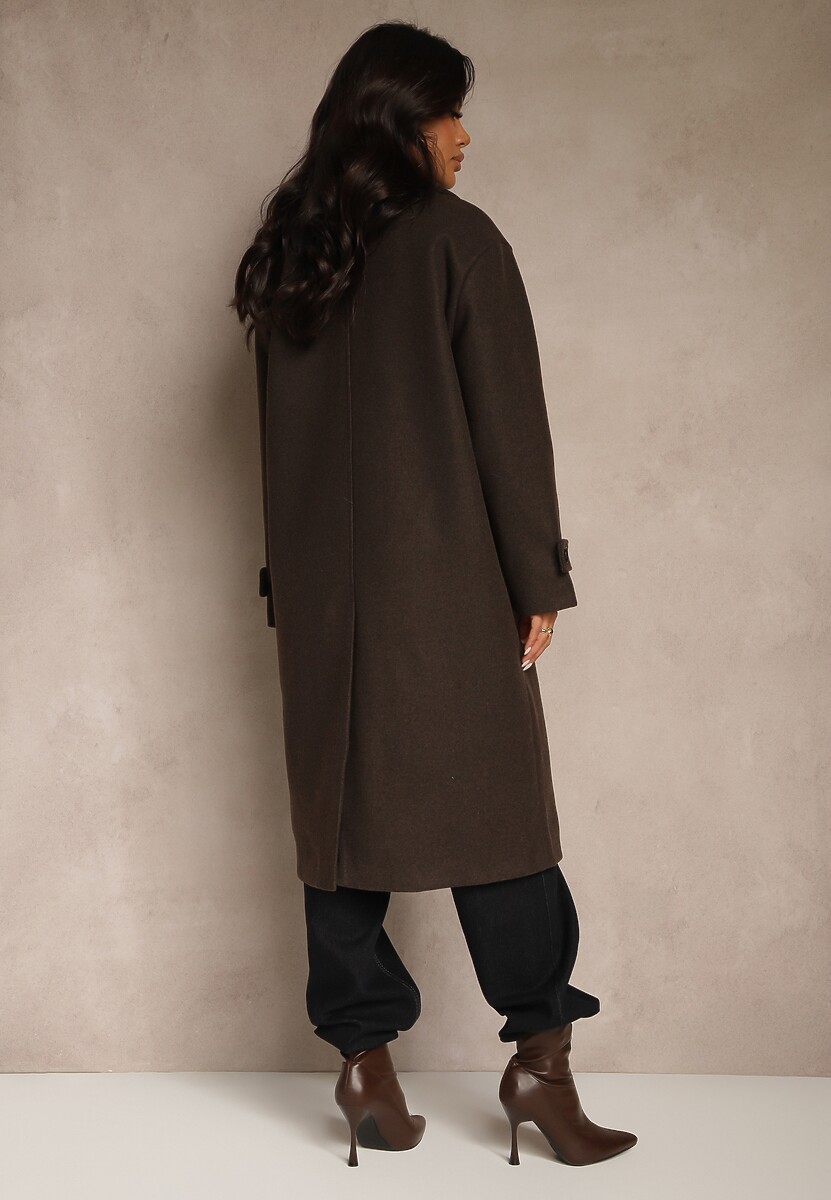 Brązowy Elegancki Płaszcz z Wełny i Wiskozy o Dwurzędowym Kroju Oversize Tilisana