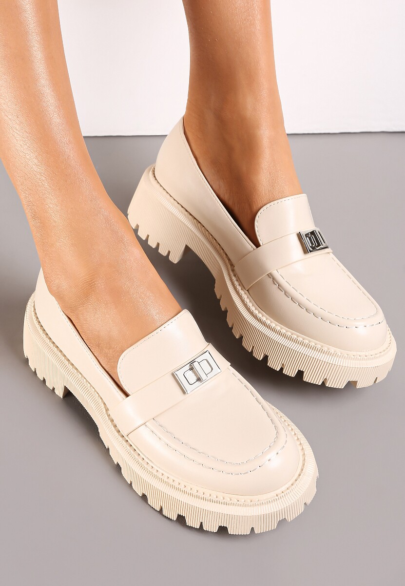 Beżowe Mokasyny na Platformie z Metalową Klamerką Mithe