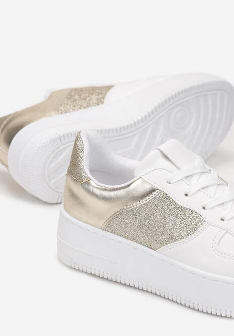 Biało-Złote Sneakersy z Cholewką przed Kostkę z Metalicznymi i Brokatowymi Wstawkami Kazma