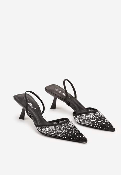 Czarne Eleganckie Sandały na Obcasie Kaczuszka Bez Pięty z Cyrkoniami Elimira