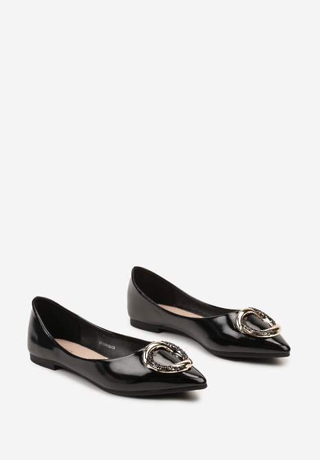 Czarne Balerinki na Płaskiej Podeszwie z Metalową Aplikacją Ozdobioną Cyrkonami Frapapia