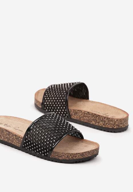 Czarne Klapki z Siateczki z Cyrkoniami na Korkowej Podeszwie Alimettia