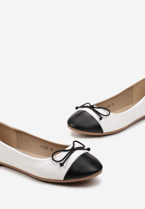 Białe Balerinki z Ozdobną Kokardką i Kontrastowym Noskiem Sanahia