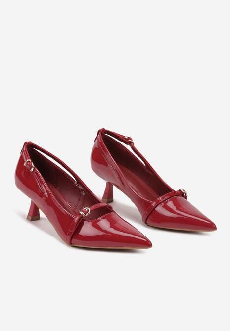 Bordowe Lakierowane Czółenka na Obcasie Stiletto z Ozdobnymi Paskami na Klamerki Rexilyn