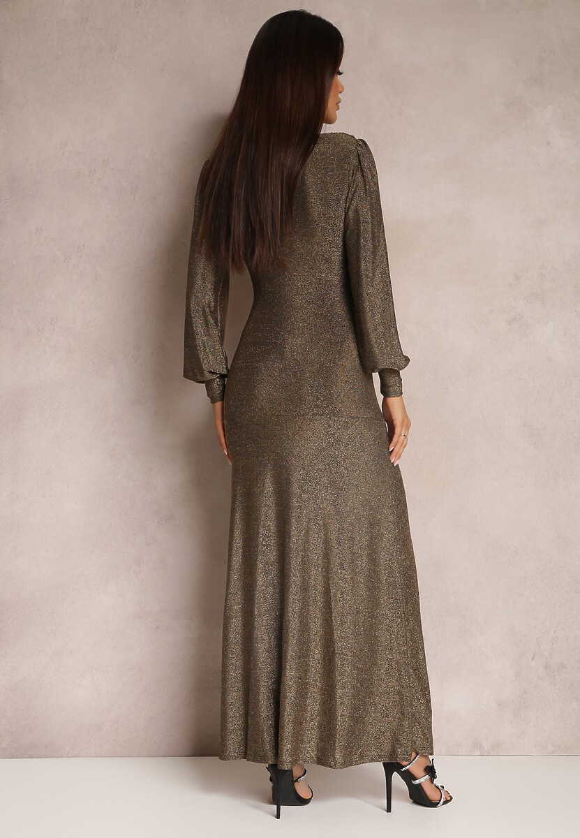 Złota Sukienka Wieczorowa z Głębokim Dekoltem Phaly