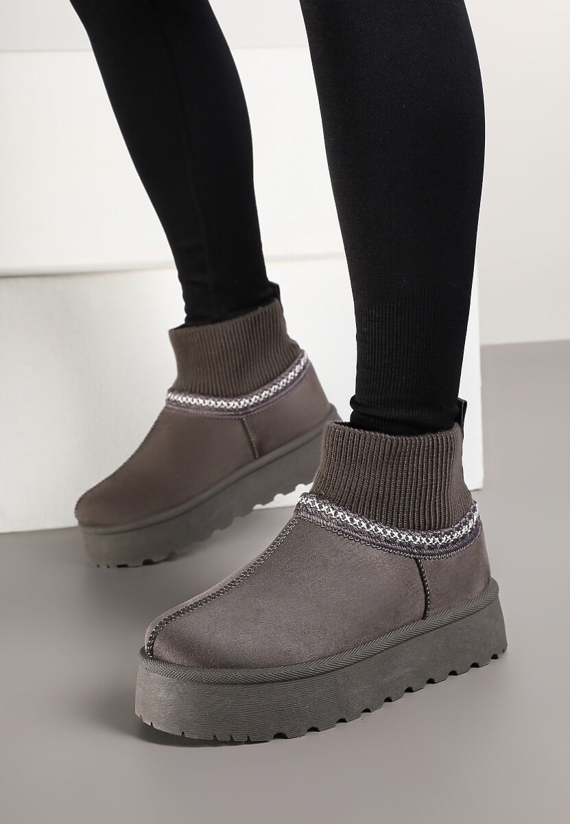 Szare Śniegowce na Platformie ze Skarpetową Cholewką Erevelis