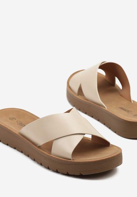 Beżowe Klapki Ozdobione Szerokimi Paskami Kinelira