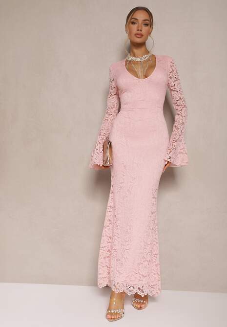 Ciemnoróżowa Dopasowana Sukienka Zdobiona Koronką z Rozszerzanym Dołem Hannalis