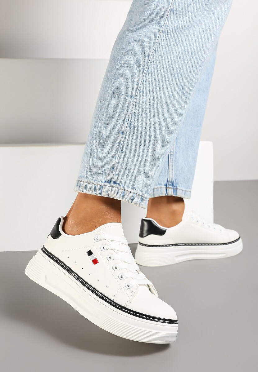 Biało-Czarne Sznurowane Sneakersy na Płaskiej Podeszwie z Lamówką Fedat