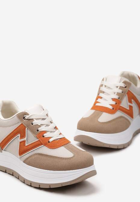 Brązowo-Pomarańczowe Sznurowane Sneakersy na Płaskiej Podeszwie z Metaliczną Wstawką i Brokatem Setraffia