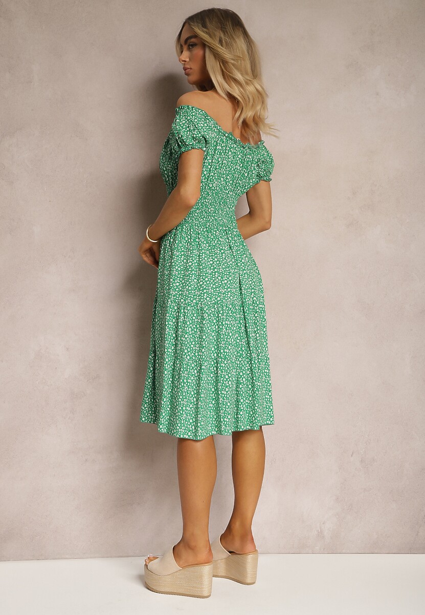 Zielona Kwiecista Sukienka z Bawełny z Gumkami w Pasie Herata