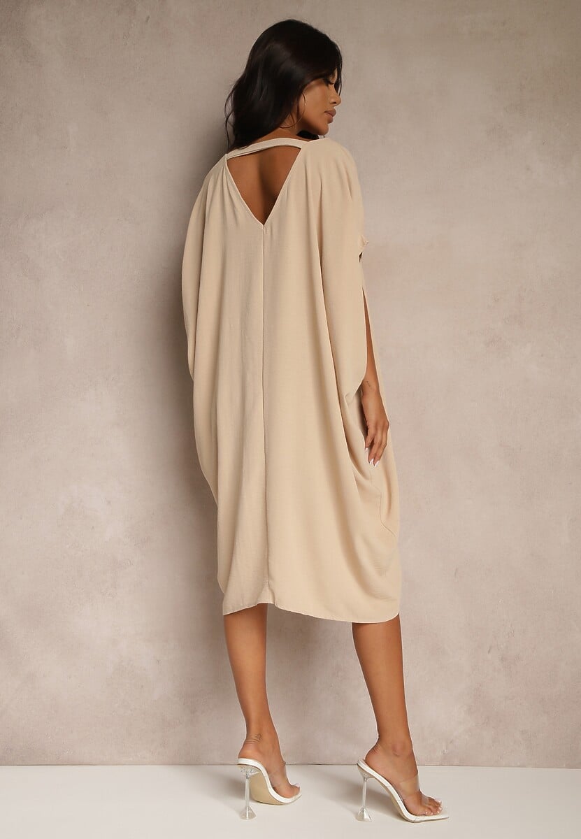 Beżowa Sukienka Mini o Fasonie Nietoperza z Okrągłym Dekoltem Maglia