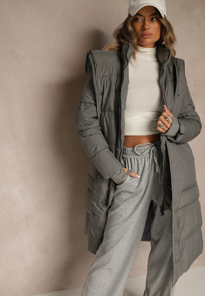 Ciemnoszara Długa Kurtka Pikowana z Kapturem i Podwójnym Kołnierzem Wiązana w Talii Ravilya