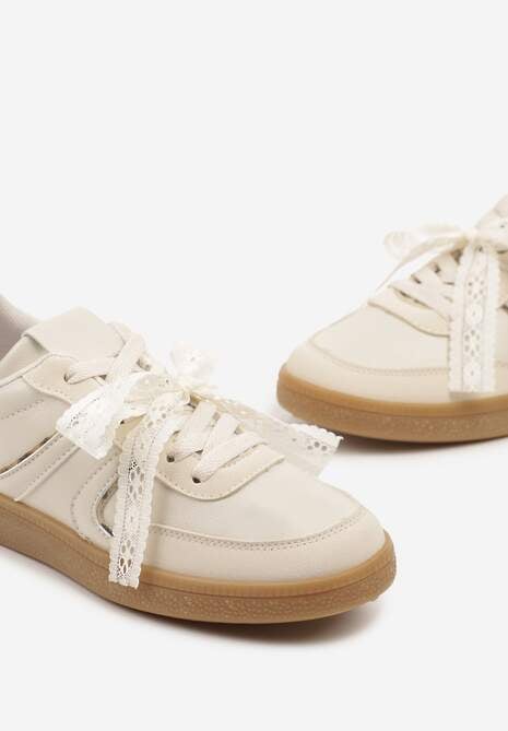 Beżowe Sneakersy Typu Kultowe Tenisówki z Ozdobną Odpinaną Kokardą Korilinda