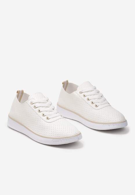 Beżowe Sznurowane Tenisówki z Ozdobną Taśmą na Tyle i Perforacją Kavinna