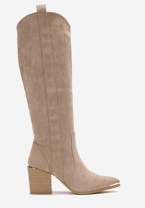 Ciemnobeżowe Kozaki Kowbojki przed Kolano z Metalicznym Noskiem Caspianna