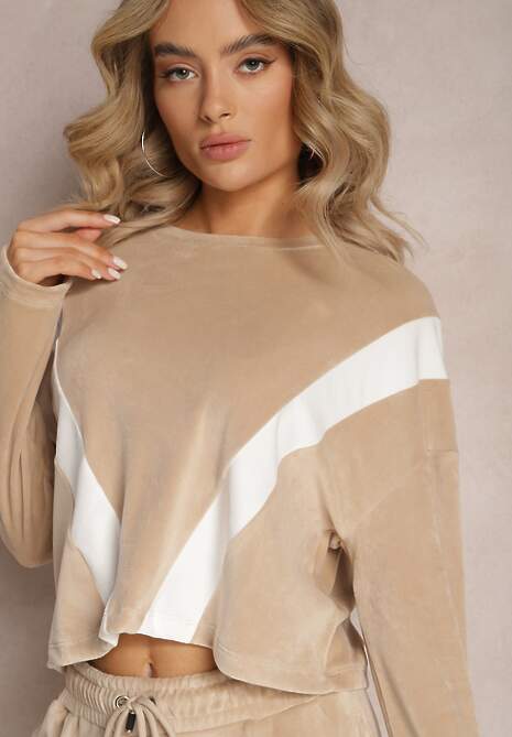 Beżowy 2-częściowy Komplet Dresowy Welurowy z Bluzą i Spodniami Vestali