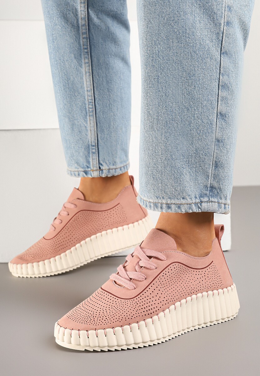 Różowe Sneakersy na Tłoczonej Platformie z Ażurową Cholewką Ronfira
