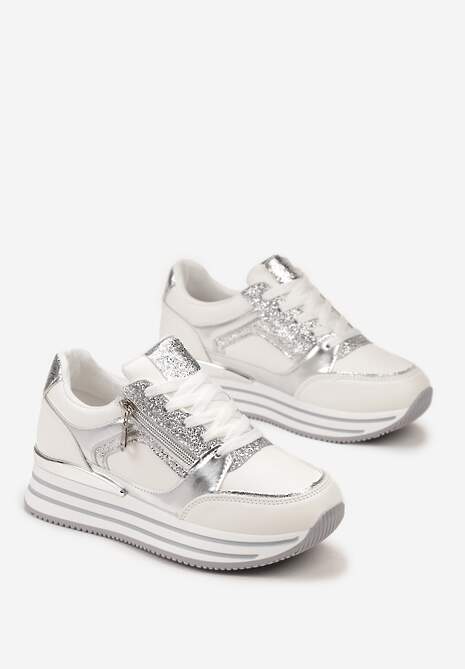 Srebrne Sneakersy z Metalicznymi Wstawkami i Brokatem na Grubej Podeszwie Anova