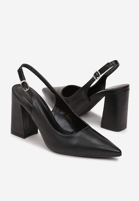 Czarne Czółenka ze Szpiczastym Noskiem na Słupku i Odkrytą Piętą Dalanie