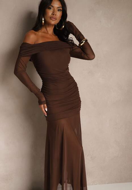 Brązowa Koktajlowa Sukienka z Prześwitującymi Rękawami i Marszczeniem Haludea