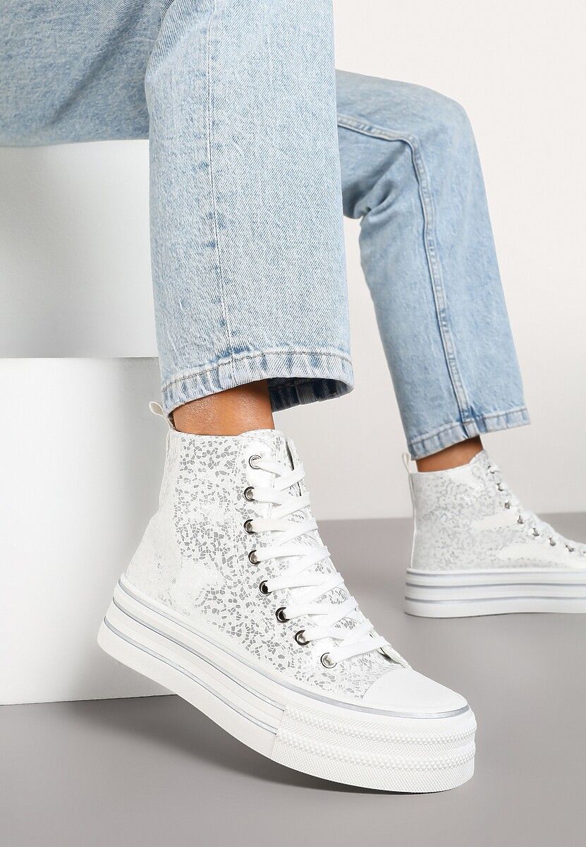 Srebrne Trampki Metaliczne za Kostkę na Platformie Tertewis