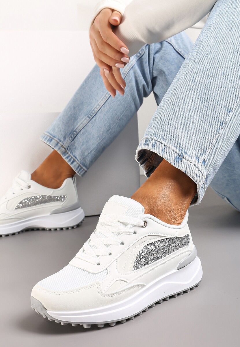 Beżowe Sneakersy z Noskiem z Siateczki i Wstawką Cekinową Tilrialls