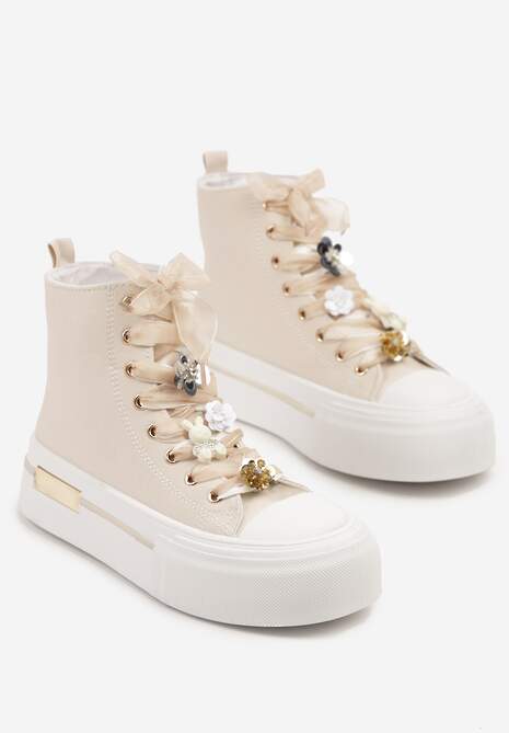 Beżowe Trampki na Platformie z Wysoką Cholewką Ozdobione Cyrkoniami Fenvisa