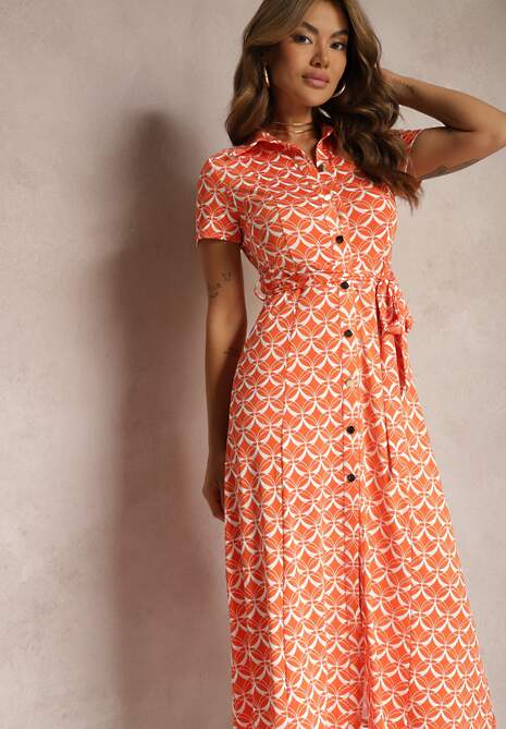 Pomarańczowa Taliowana Sukienka z Wiskozą o Kroju Koszulowym z Guzikami i Paskiem Cosofia