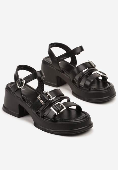 Czarne Sandały na Słupku i Platformie Ozdobione Klamrami Maralena