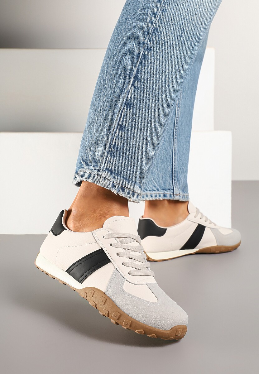Beżowo-Czarne Sneakersy Ozdobione Paskami Ilanlin