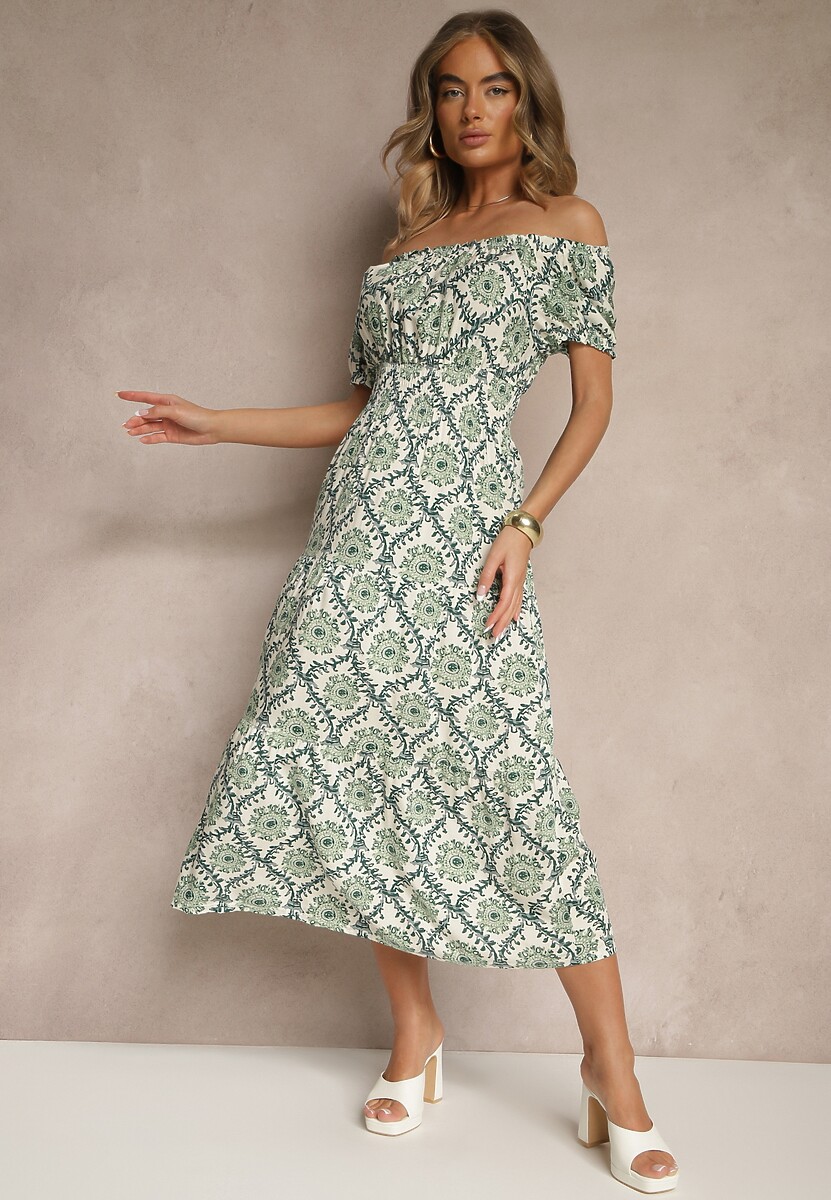 Niebieska Sukienka z Bawełną Ozdobiona Bufiastymi Rękawami Revalle