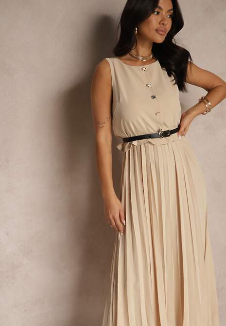 Ciemnobeżowa Plisowana Sukienka o Rozkloszowanym Kroju Bez Rękawów z Paskiem z Klamrą Iffule