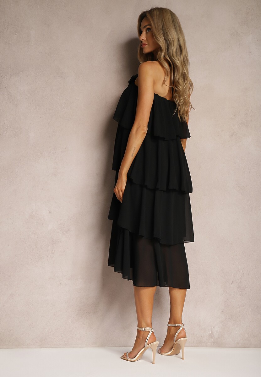 Czarna Sukienka z Kwiatową Broszką Wykończona Falbanami i Wiązaniem na Szyi Tinashell