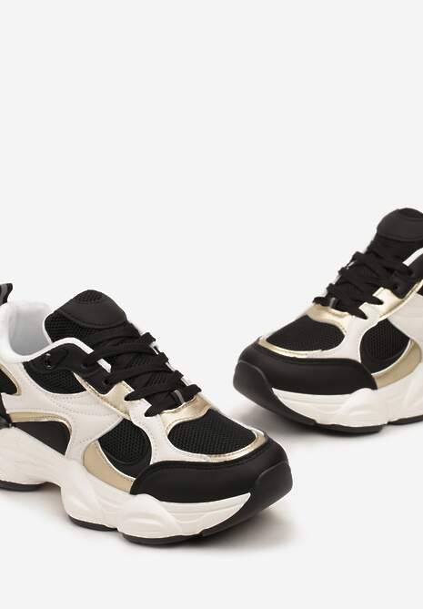 Biało-Czarne Sneakersy ze Wstawkami Metalicznymi i Siateczką na Grubej Podeszwie Riliera