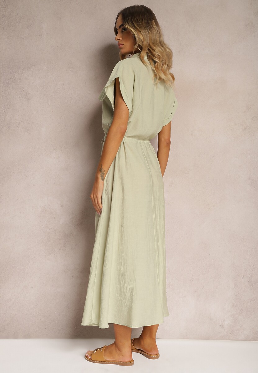 Jasnozielona Sukienka z Wiskozy o Rozkloszowanym Kroju z Gumką w Pasie i Napami Memvia