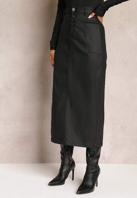 Czarna Ołówkowa Spódnica Midi High Waist z Ekoskóry Adaulfo
