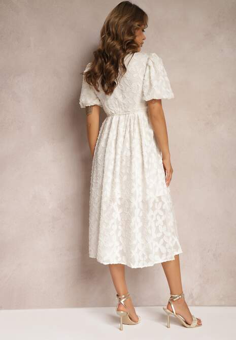 Jasnobeżowa Koronkowa Sukienka Midi z Wiskozy Olikis